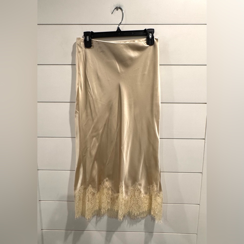 Reformation Cream Satin Midi Slip Skirt with Lace Hem - Picture 4 of 10